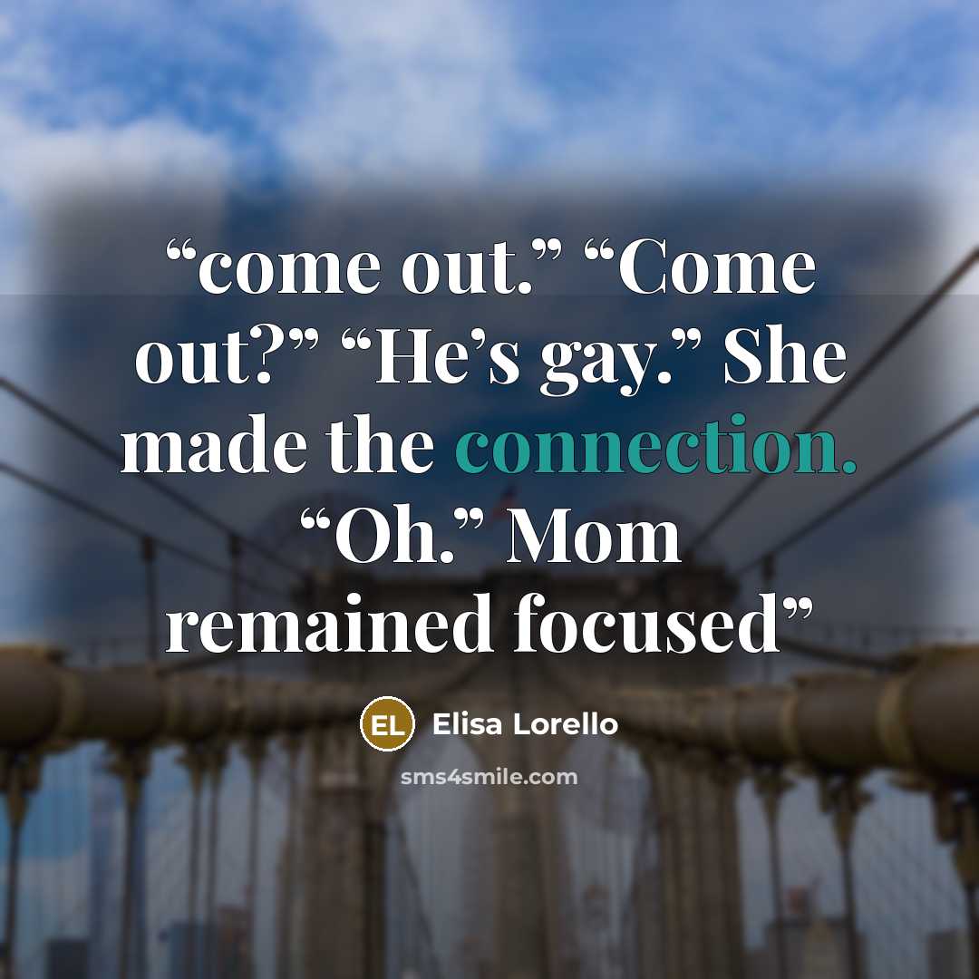 “come out.” “Come out?” “He’s gay.” She made the connection. “Oh.” Mom remained focused” quote by Elisa Lorello