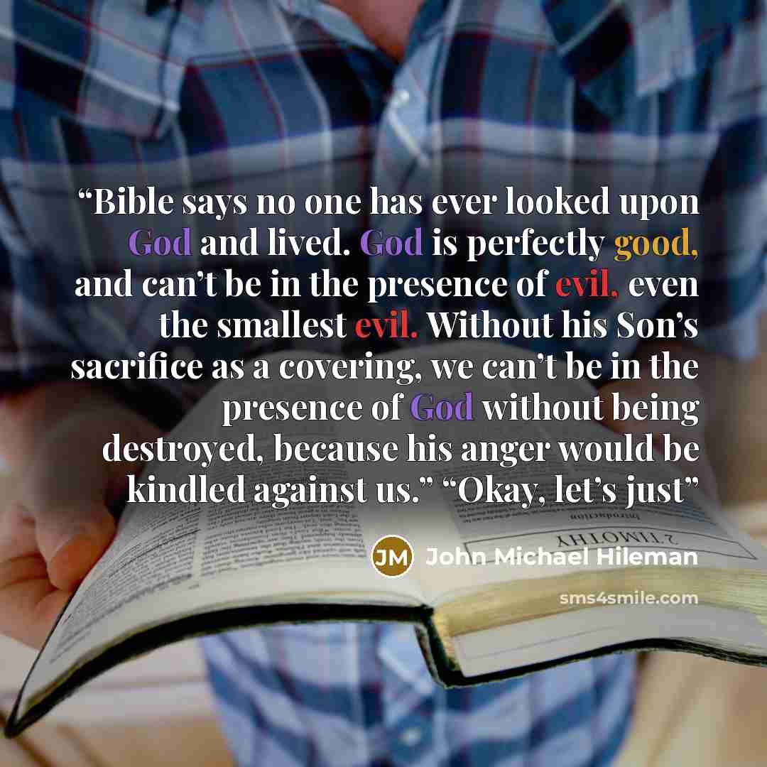 “Bible says no one has ever looked upon God and lived. God is perfectly good, and can’t be in the presence of evil, even the smallest evil. Without his Son’s sacrifice as a covering, we can’t be in the presence of God without being destroyed, because his anger would be kindled against us.” “Okay…” quote by John Michael Hileman