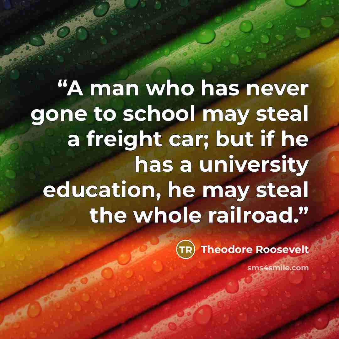 “A man who has never gone to school may steal a freight car; but if he has a university education, he may steal the whole railroad.” quote by Theodore Roosevelt