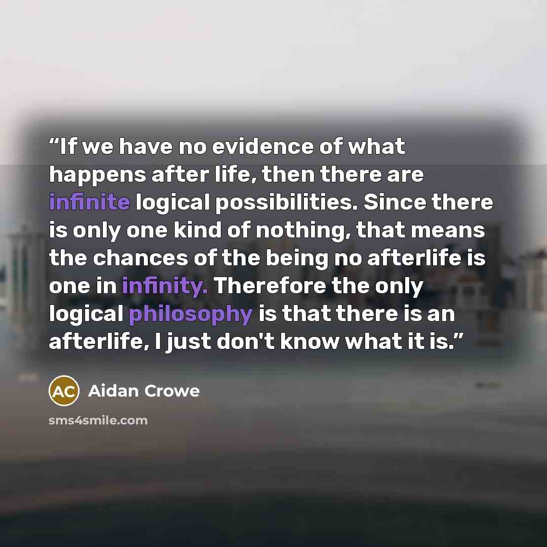 “If we have no evidence of what happens after life, then there are infinite logical possibilities. Since there is only one kind of nothing, that means the chances of the being no afterlife is one in infinity. Therefore the only logical philosophy is that there is an afterlife, I just don't know…” quote by Aidan Crowe
