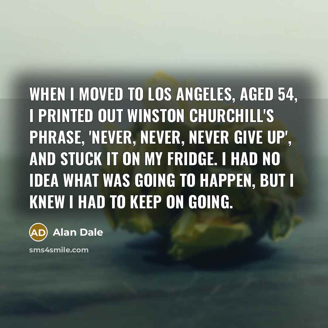 “When I moved to Los Angeles, aged 54, I printed out Winston Churchill's phrase, 'Never, never, never give up', and stuck it on my fridge. I had no idea what was going to happen, but I knew I had to keep on going.” quote by Alan Dale