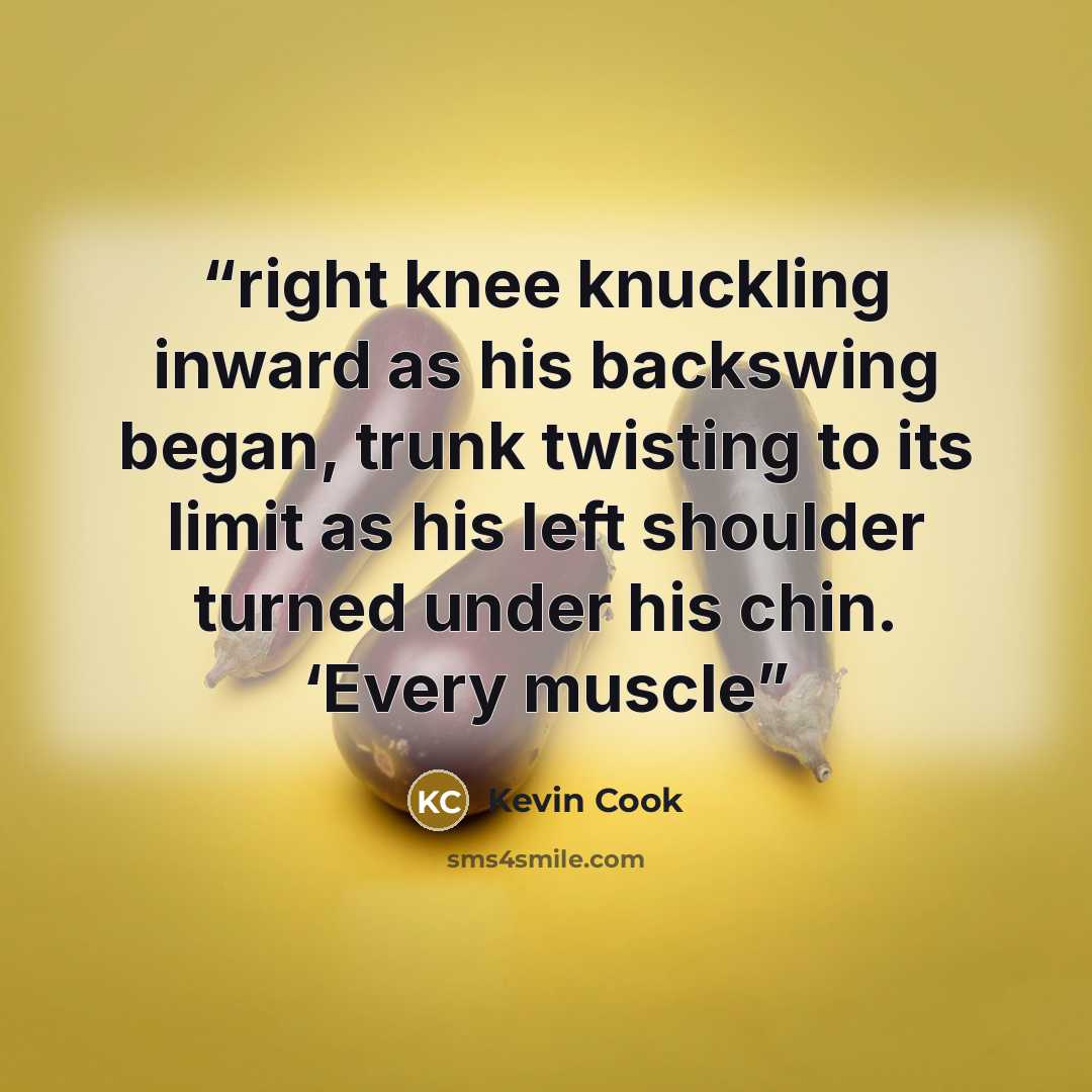 “right knee knuckling inward as his backswing began, trunk twisting to its limit as his left shoulder turned under his chin. ‘Every muscle” quote by Kevin Cook