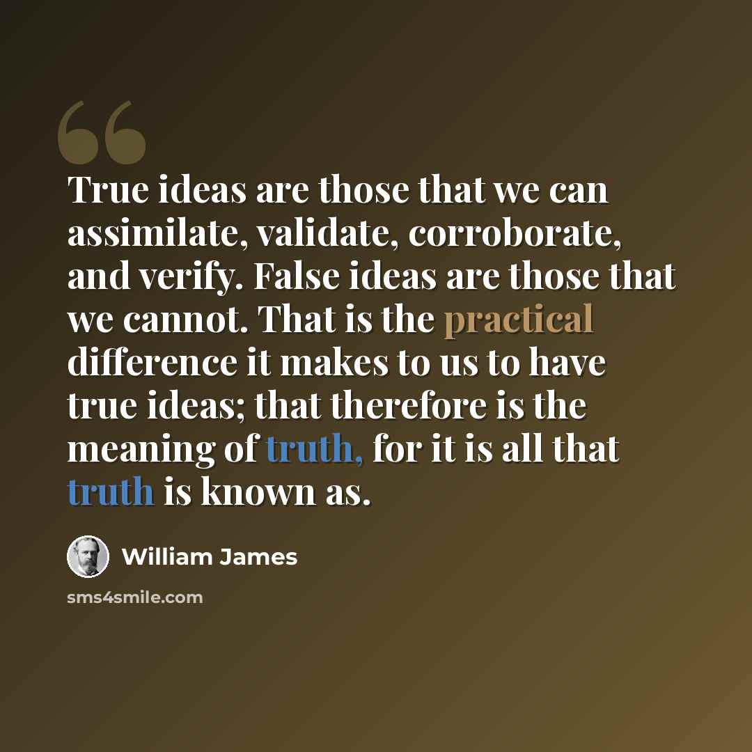 “True ideas are those that we can assimilate, validate, corroborate, and verify. False ideas are those that we cannot. That is the practical difference it makes to us to have true ideas; that therefore is the meaning of truth, for it is all that truth is known as.” quote by William James