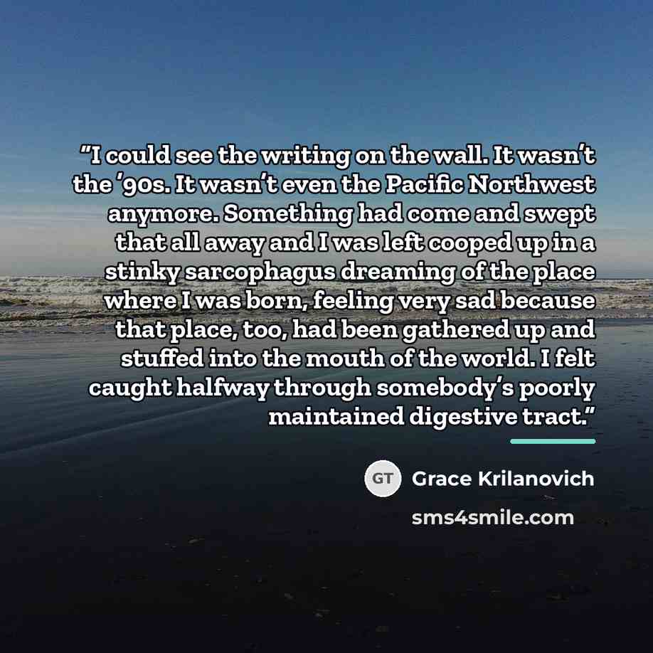 “I could see the writing on the wall. It wasn’t the ’90s. It wasn’t even the Pacific Northwest anymore. Something had come and swept that all away and I was left cooped up in a stinky sarcophagus dreaming of the place where I was born, feeling very sad because that place, too, had been gathered up…” quote by Grace Krilanovich