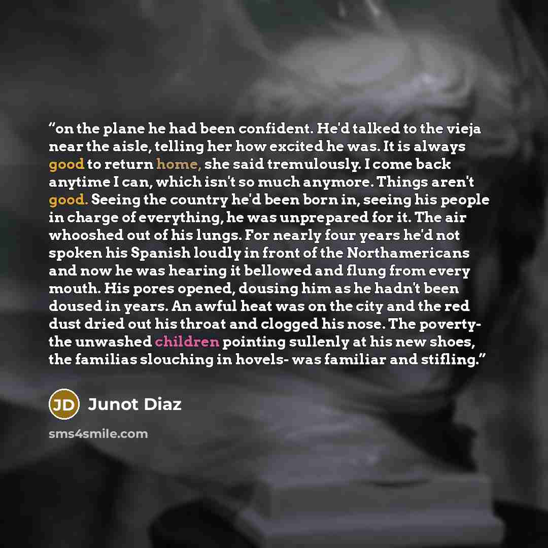 “on the plane he had been confident. He'd talked to the vieja near the aisle, telling her how excited he was. It is always good to return home, she said tremulously. I come back anytime I can, which isn't so much anymore. Things aren't good. Seeing the country he'd been born in, seeing his people…” quote by Junot Díaz