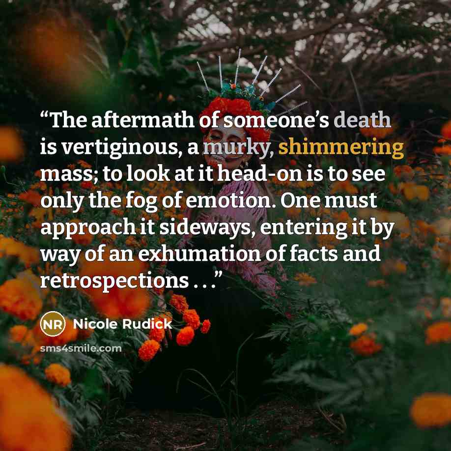 “The aftermath of someone’s death is vertiginous, a murky, shimmering mass; to look at it head-on is to see only the fog of emotion. One must approach it sideways, entering it by way of an exhumation of facts and retrospections . . .” quote by Nicole Rudick