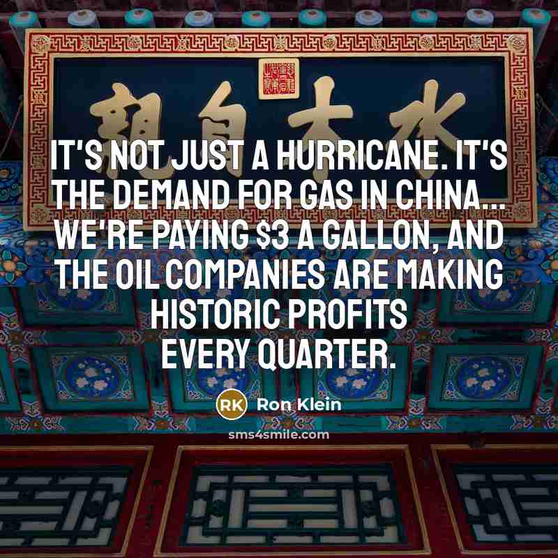 “It's not just a hurricane. It's the demand for gas in China... We're paying $3 a gallon, and the oil companies are making historic profits every quarter.” quote by Ron Klein