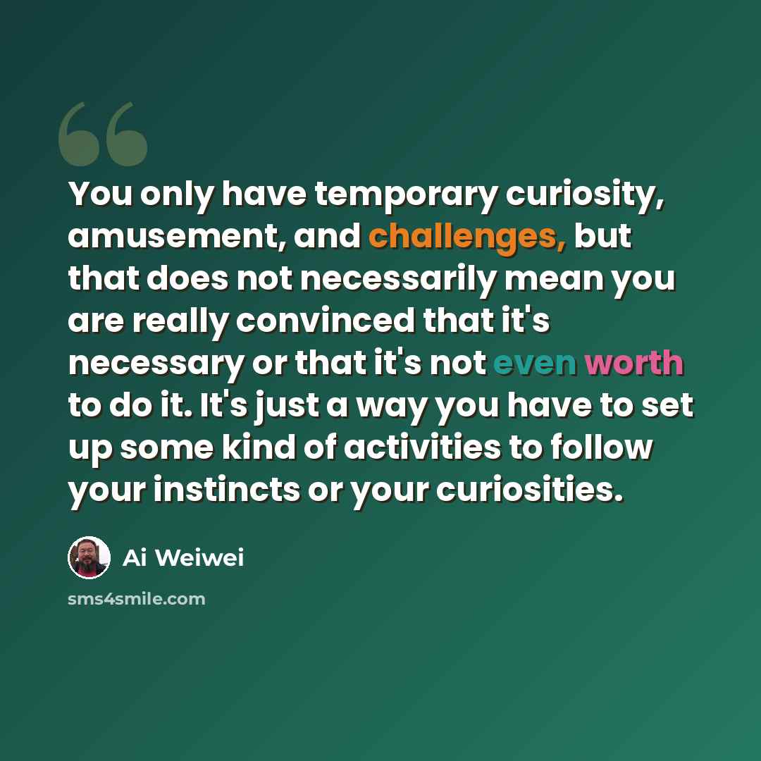 “You only have temporary curiosity, amusement, and challenges, but that does not necessarily mean you are really convinced that it's necessary or that it's not even worth to do it. It's just a way you have to set up some kind of activities to follow your instincts or your curiosities.” quote by Ai Weiwei