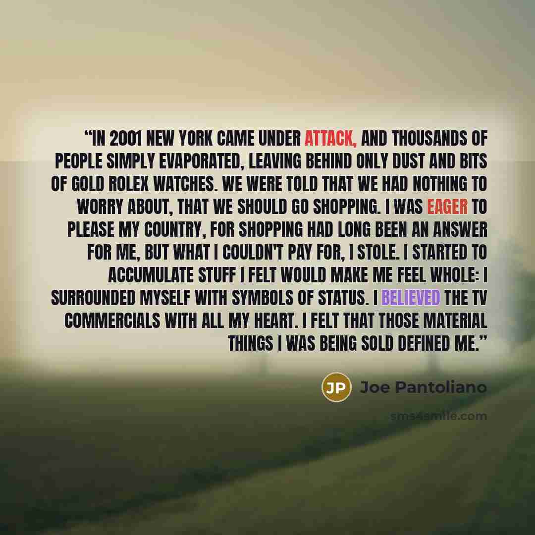 “In 2001 New York came under attack, and thousands of people simply evaporated, leaving behind only dust and bits of gold Rolex watches. We were told that we had nothing to worry about, that we should go shopping. I was eager to please my country, for shopping had long been an answer for me, but…” quote by Joe Pantoliano