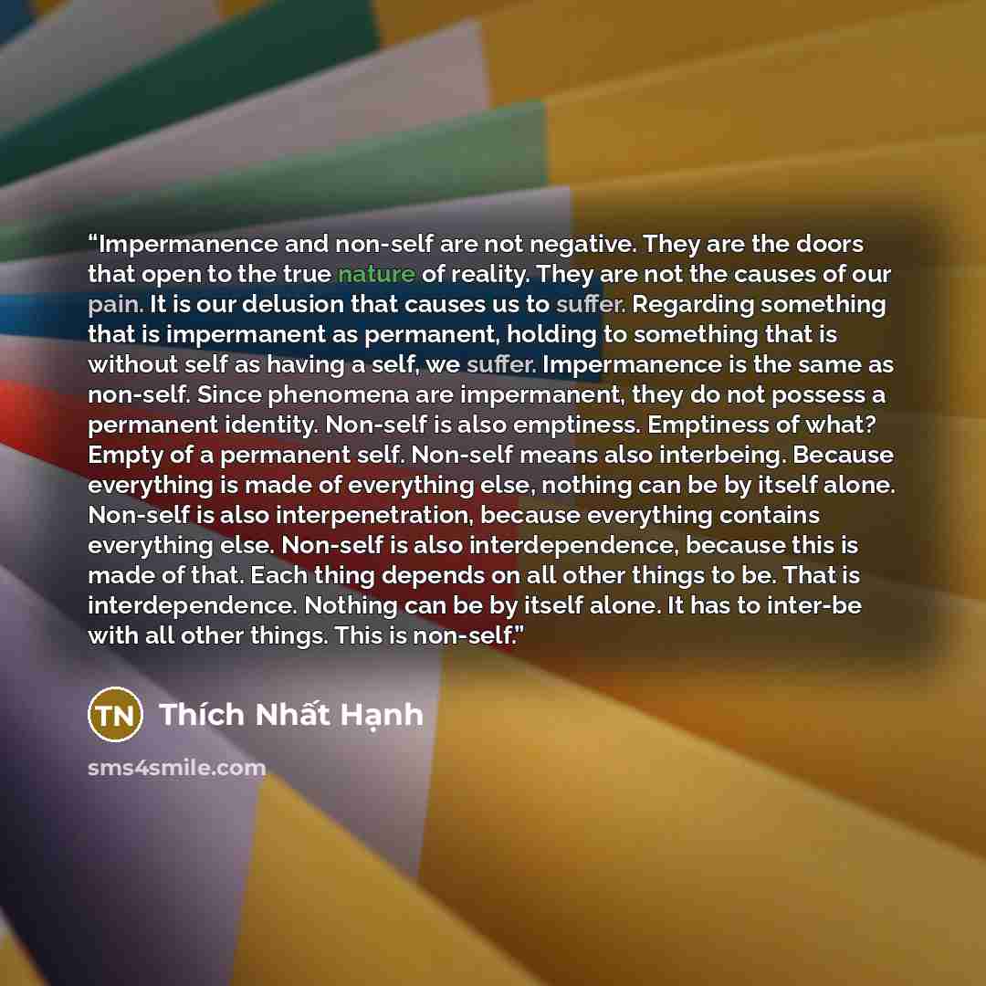 “Impermanence and non-self are not negative. They are the doors that open to the true nature of reality. They are not the causes of our pain. It is our delusion that causes us to suffer. Regarding something that is impermanent as permanent, holding to something that is without self as having a…” quote by Thích Nhất Hạnh