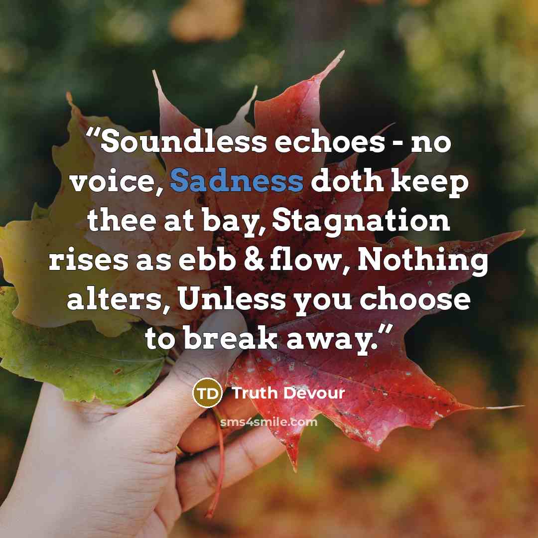 “Soundless echoes - no voice, Sadness doth keep thee at bay, Stagnation rises as ebb & flow, Nothing alters, Unless you choose to break away.” quote by Truth Devour