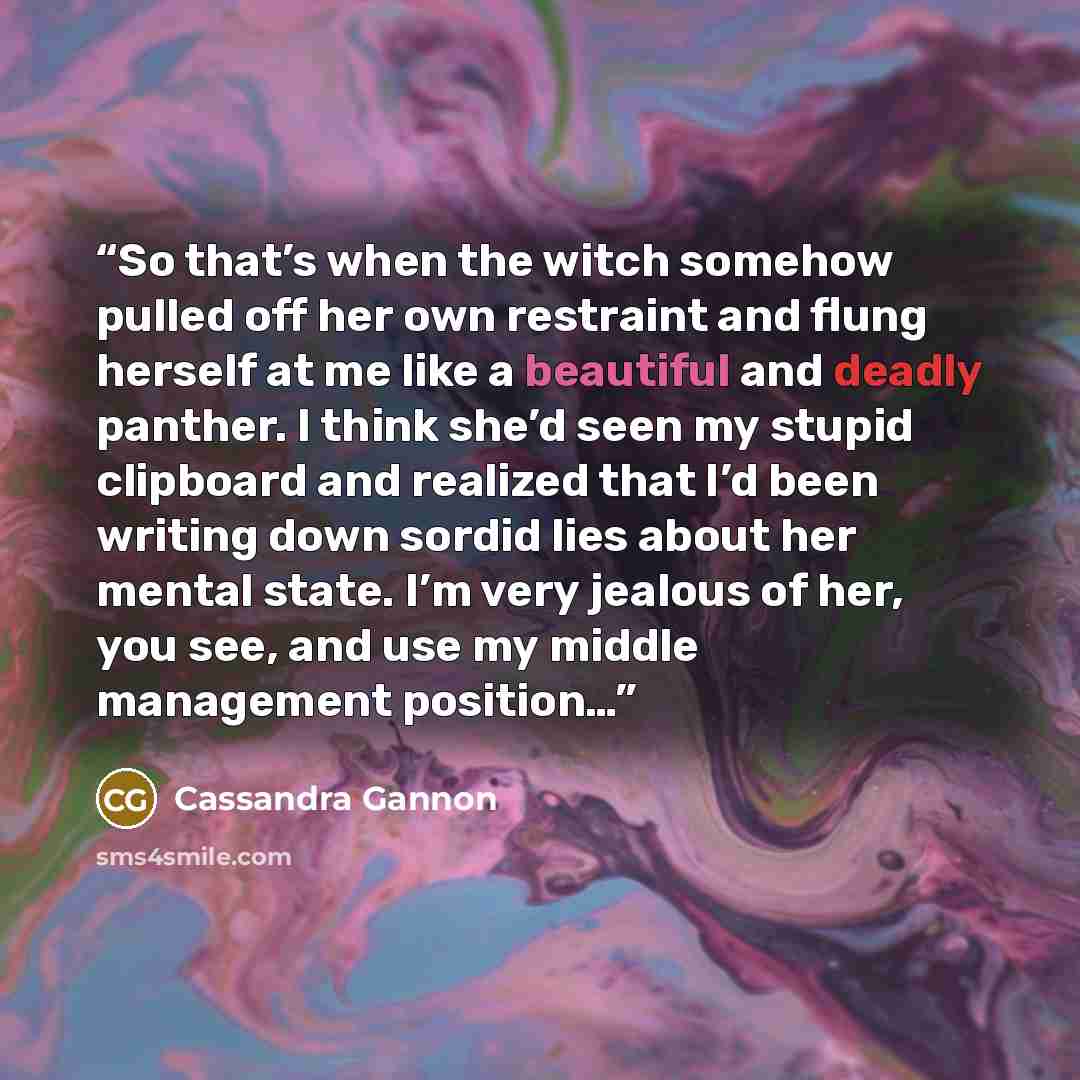 “So that’s when the witch somehow pulled off her own restraint and flung herself at me like a beautiful and deadly panther. I think she’d seen my stupid clipboard and realized that I’d been writing down sordid lies about her mental state. I’m very jealous of her, you see, and use my middle…” quote by Cassandra Gannon