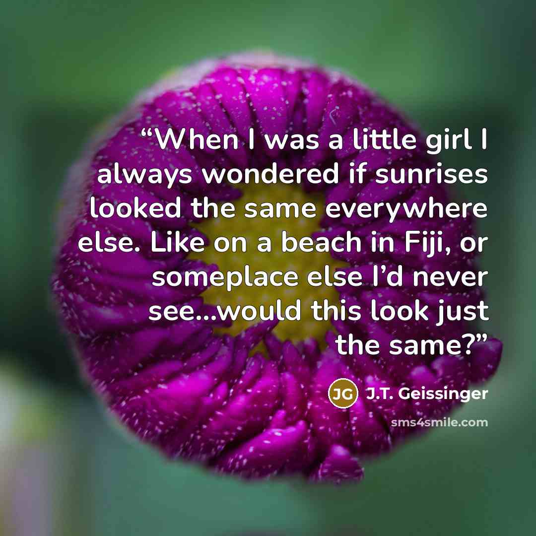 “When I was a little girl I always wondered if sunrises looked the same everywhere else. Like on a beach in Fiji, or someplace else I’d never see...would this look just the same?” quote by J.T. Geissinger