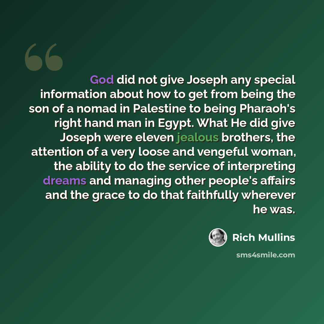 “God did not give Joseph any special information about how to get from being the son of a nomad in Palestine to being Pharaoh's right hand man in Egypt. What He did give Joseph were eleven jealous brothers, the attention of a very loose and vengeful woman, the ability to do the service of…” quote by Rich Mullins