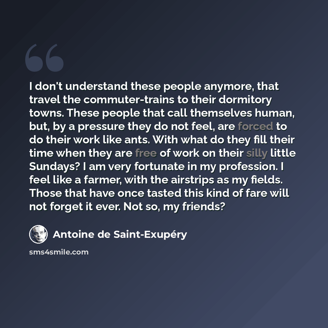 “I don't understand these people anymore, that travel the commuter-trains to their dormitory towns. These people that call themselves human, but, by a pressure they do not feel, are forced to do their work like ants. With what do they fill their time when they are free of work on their silly little…” quote by Antoine de Saint-Exupery