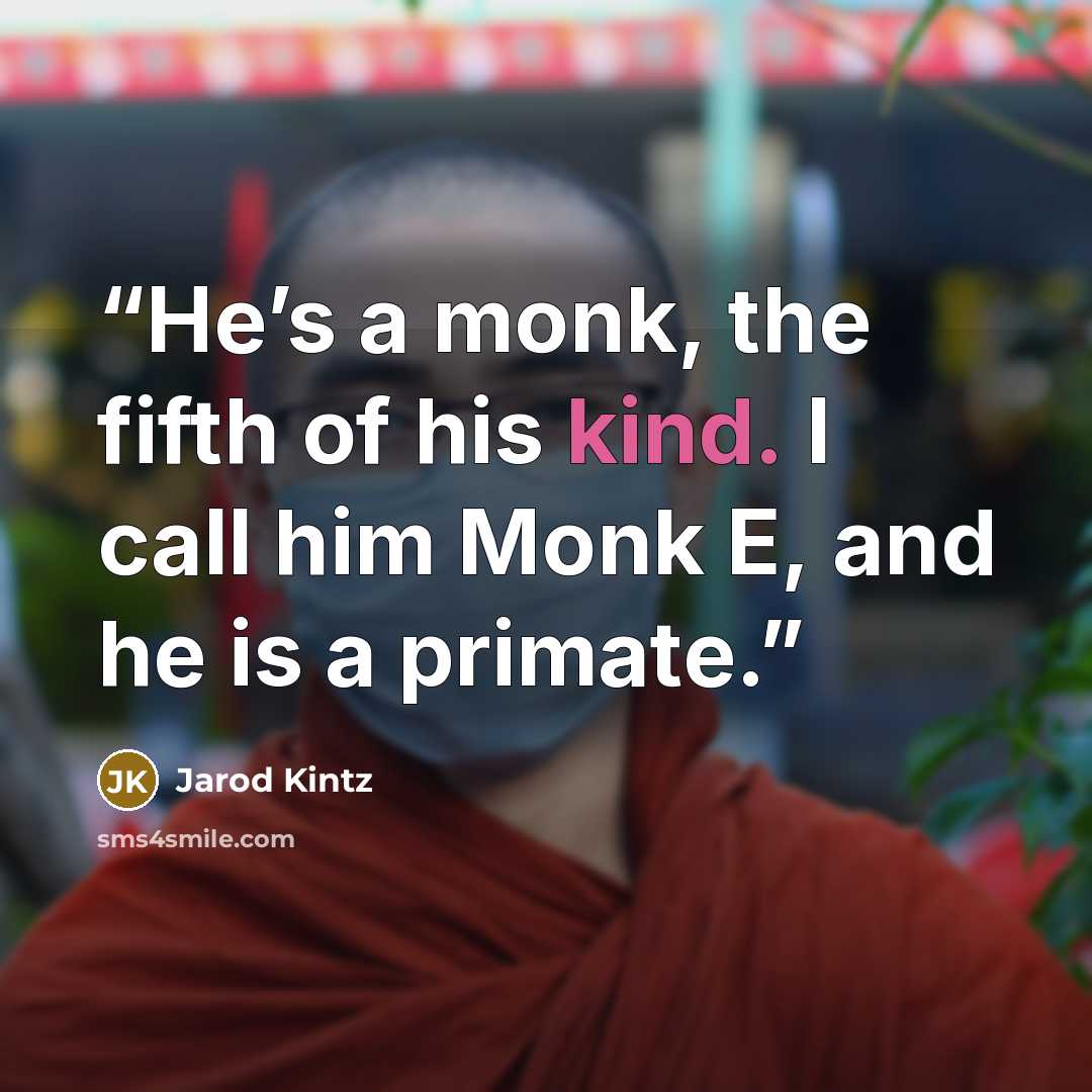 “He’s a monk, the fifth of his kind. I call him Monk E, and he is a primate.” quote by Jarod Kintz