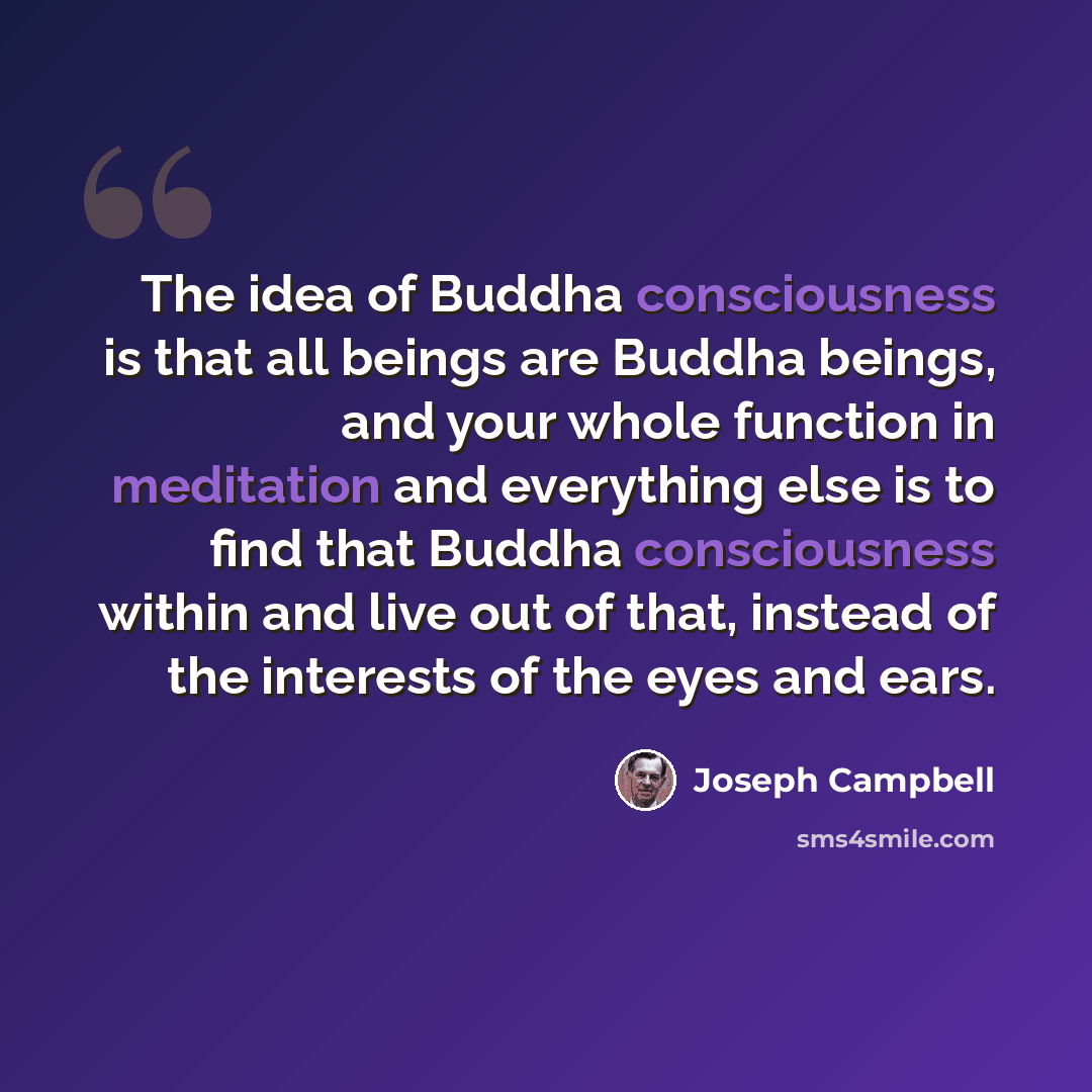 “The idea of Buddha consciousness is that all beings are Buddha beings, and your whole function in meditation and everything else is to find that Buddha consciousness within and live out of that, instead of the interests of the eyes and ears.” quote by Joseph Campbell