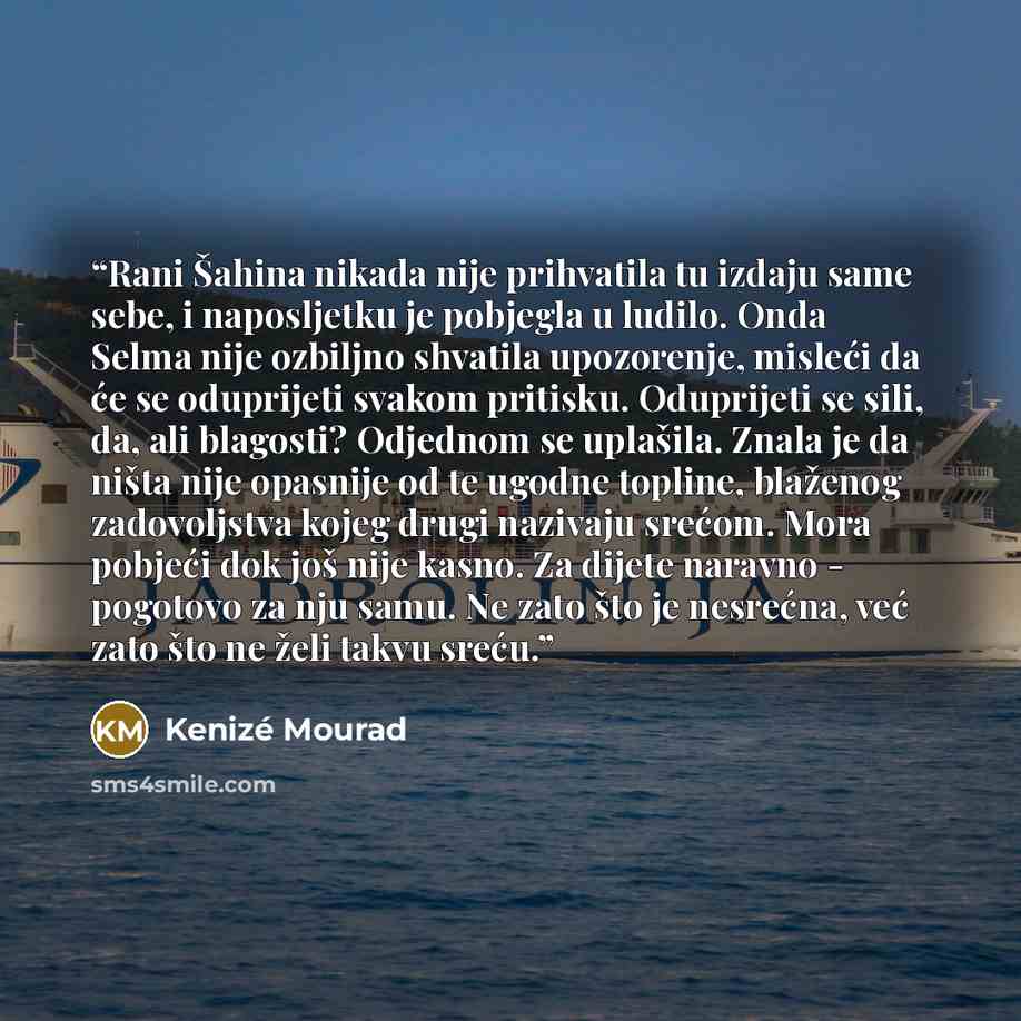 “Rani Šahina nikada nije prihvatila tu izdaju same sebe, i naposljetku je pobjegla u ludilo. Onda Selma nije ozbiljno shvatila upozorenje, misleći da će se oduprijeti svakom pritisku. Oduprijeti se sili, da, ali blagosti? Odjednom se uplašila. Znala je da ništa nije opasnije od te ugodne topline…” quote by Kenizé Mourad