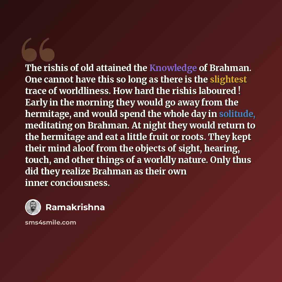 “The rishis of old attained the Knowledge of Brahman. One cannot have this so long as there is the slightest trace of worldliness. How hard the rishis laboured ! Early in the morning they would go away from the hermitage, and would spend the whole day in solitude, meditating on Brahman. At night…” quote by Ramakrishna