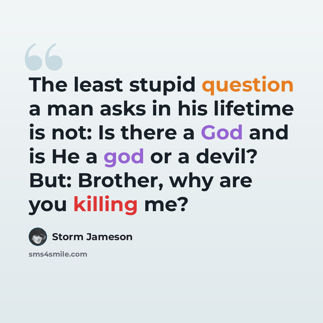 “The least stupid question a man asks in his lifetime is not: Is there a God and is He a god or a devil? But: Brother, why are you killing me?” quote by Storm Jameson