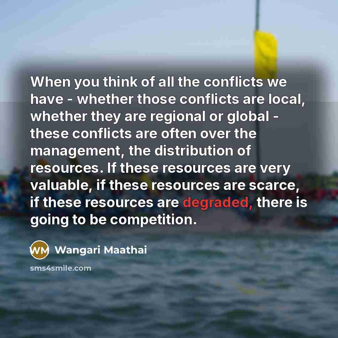 “When you think of all the conflicts we have - whether those conflicts are local, whether they are regional or global - these conflicts are often over the management, the distribution of resources. If these resources are very valuable, if these resources are scarce, if these resources are degraded…” quote by Wangari Maathai
