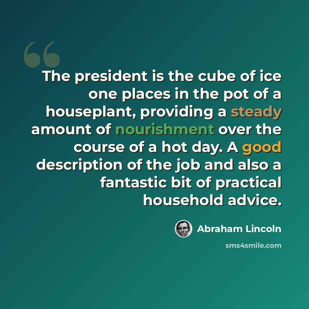 “The president is the cube of ice one places in the pot of a houseplant, providing a steady amount of nourishment over the course of a hot day. A good description of the job and also a fantastic bit of practical household advice.” quote by Abraham Lincoln