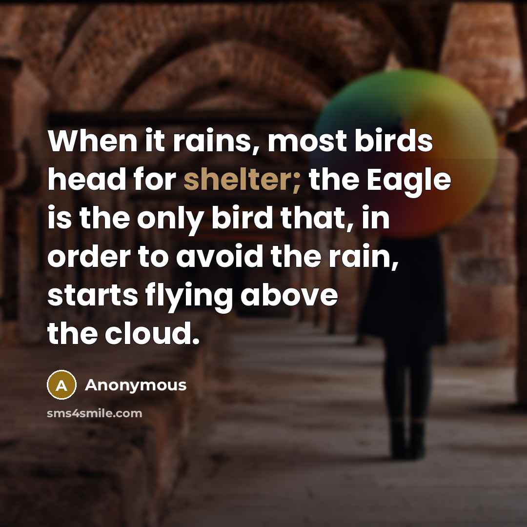 “When it rains, most birds head for shelter; the Eagle is the only bird that, in order to avoid the rain, starts flying above the cloud.” quote by Anonymous