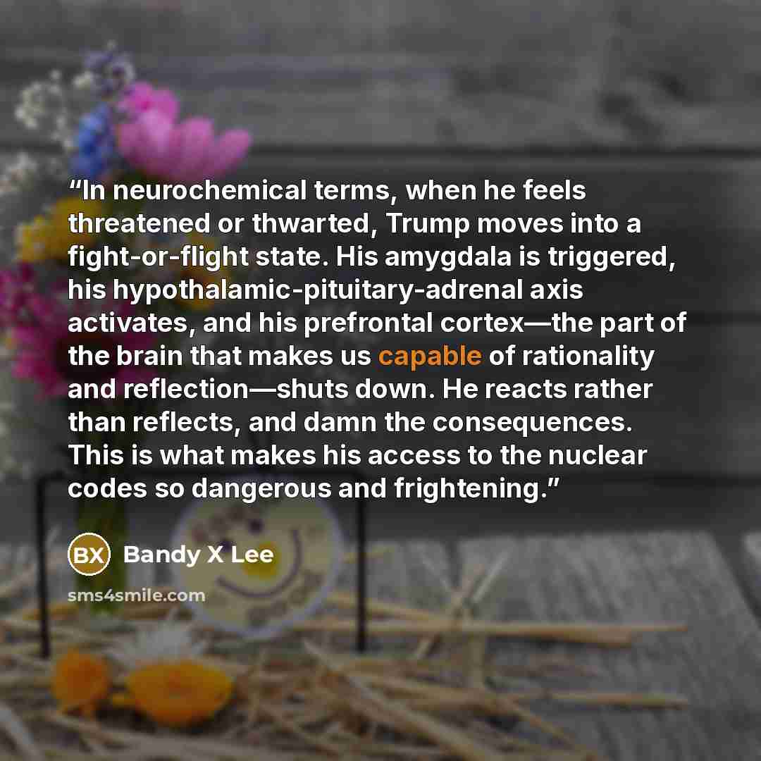 “In neurochemical terms, when he feels threatened or thwarted, Trump moves into a fight-or-flight state. His amygdala is triggered, his hypothalamic-pituitary-adrenal axis activates, and his prefrontal cortex—the part of the brain that makes us capable of rationality and reflection—shuts down. He…” quote by Bandy X Lee