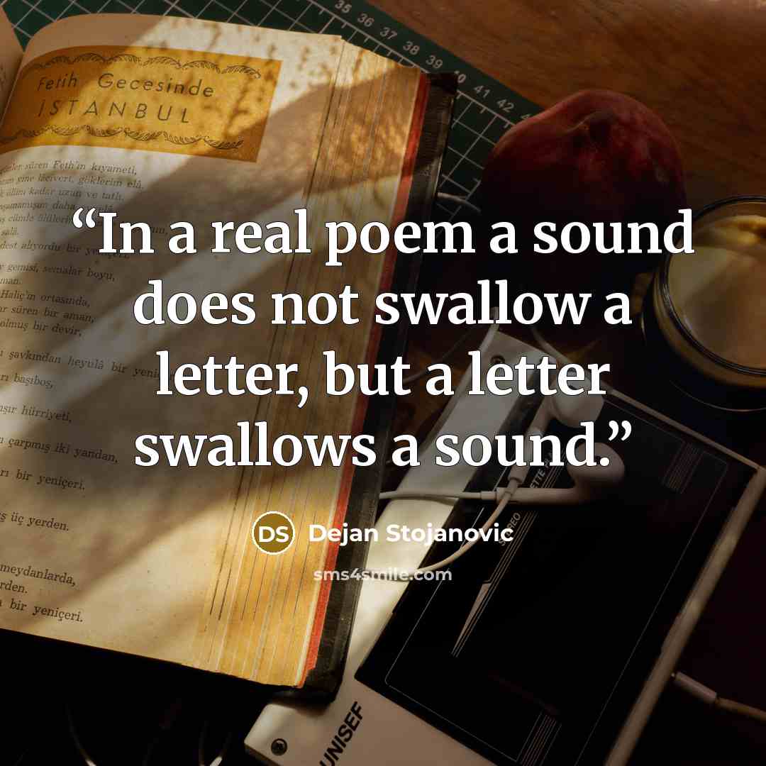 “In a real poem a sound does not swallow a letter, but a letter swallows a sound.” quote by Dejan Stojanovic