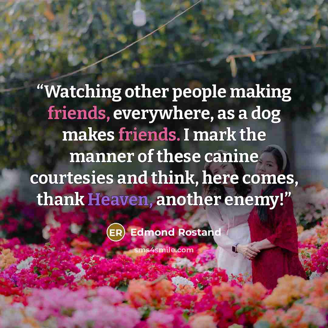“Watching other people making friends, everywhere, as a dog makes friends. I mark the manner of these canine courtesies and think, here comes, thank Heaven, another enemy!” quote by Edmond Rostand