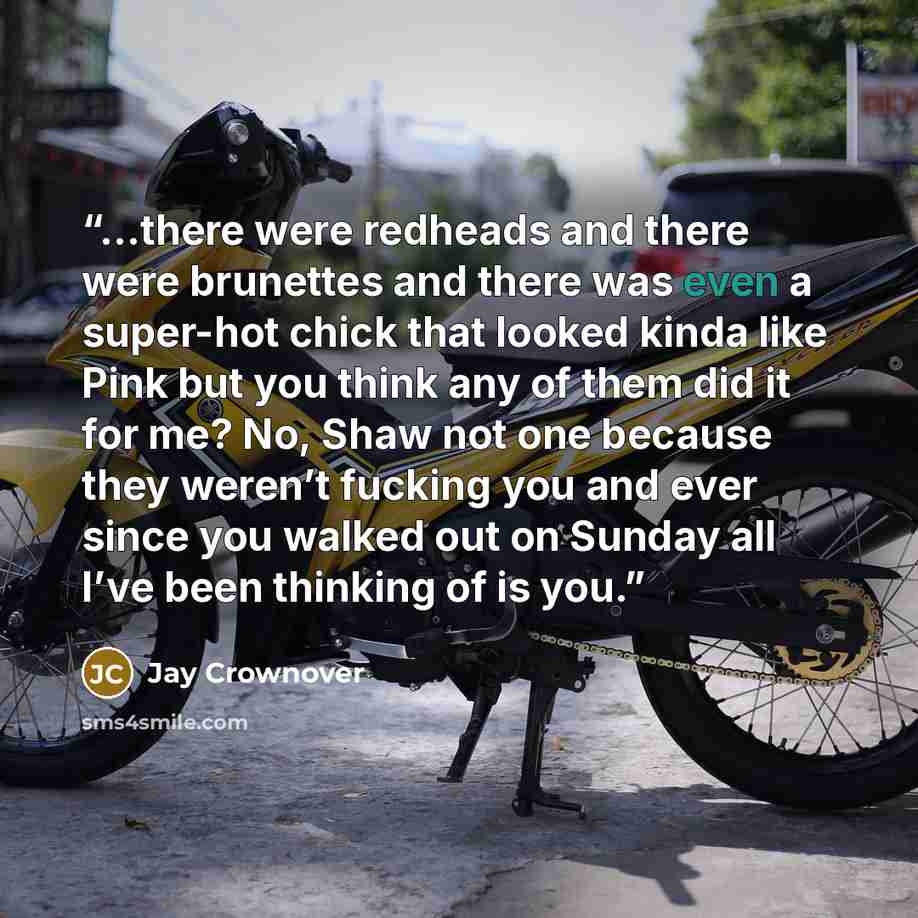 “...there were redheads and there were brunettes and there was even a super-hot chick that looked kinda like Pink but you think any of them did it for me? No, Shaw not one because they weren’t fucking you and ever since you walked out on Sunday all I’ve been thinking of is you.” quote by Jay Crownover