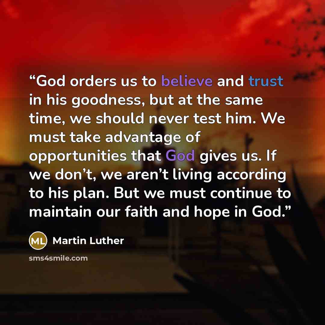 “God orders us to believe and trust in his goodness, but at the same time, we should never test him. We must take advantage of opportunities that God gives us. If we don’t, we aren’t living according to his plan. But we must continue to maintain our faith and hope in God.” quote by Martin Luther