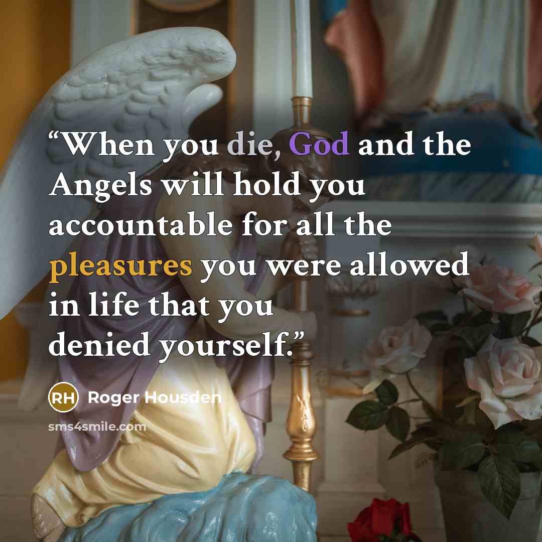 “When you die, God and the Angels will hold you accountable for all the pleasures you were allowed in life that you denied yourself.” quote by Roger Housden