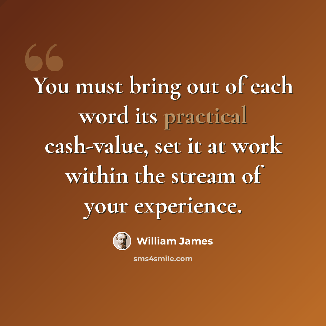 “You must bring out of each word its practical cash-value, set it at work within the stream of your experience.” quote by William James