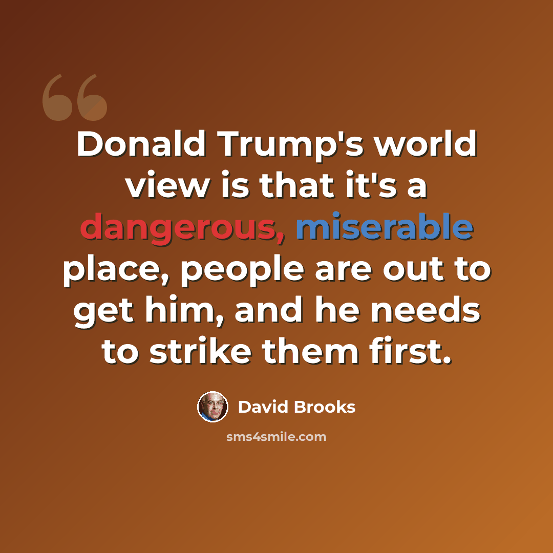 “Donald Trump's world view is that it's a dangerous, miserable place, people are out to get him, and he needs to strike them first.” quote by David Brooks