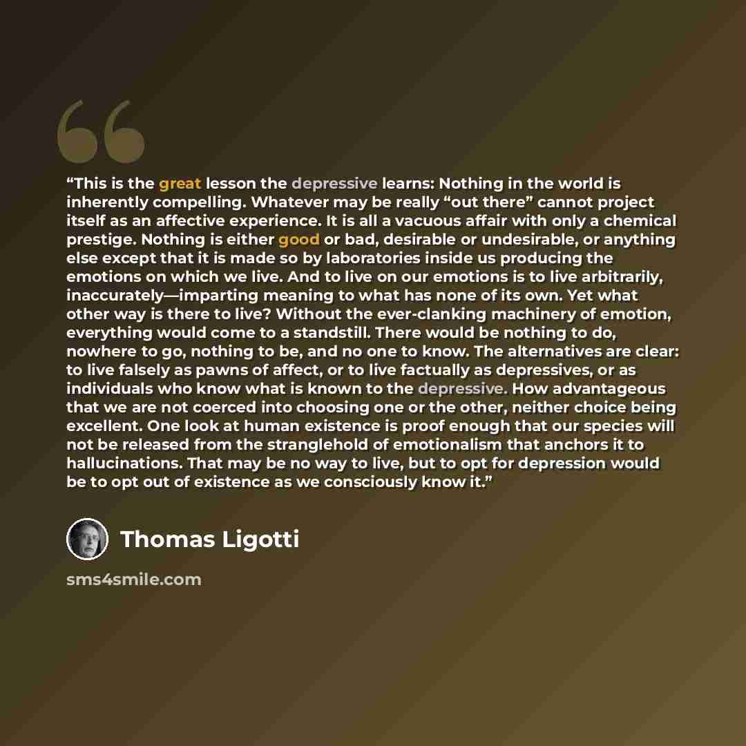 “This is the great lesson the depressive learns: Nothing in the world is inherently compelling. Whatever may be really “out there” cannot project itself as an affective experience. It is all a vacuous affair with only a chemical prestige. Nothing is either good or bad, desirable or undesirable, or…” quote by Thomas Ligotti