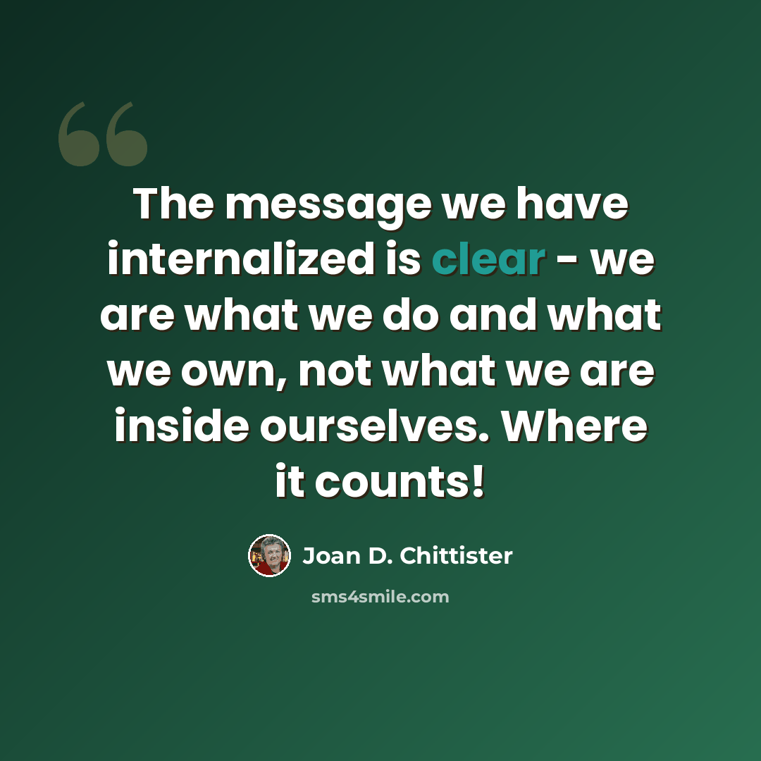 “The message we have internalized is clear - we are what we do and what we own, not what we are inside ourselves. Where it counts!” quote by Joan D. Chittister