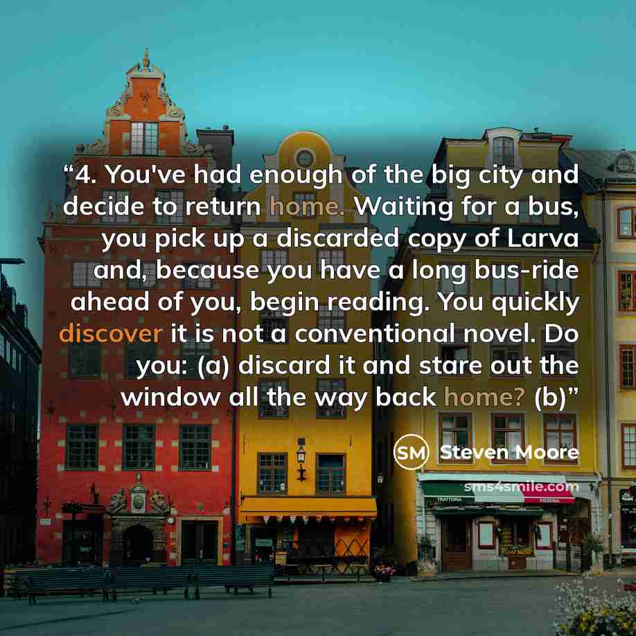 “4. You've had enough of the big city and decide to return home. Waiting for a bus, you pick up a discarded copy of Larva and, because you have a long bus-ride ahead of you, begin reading. You quickly discover it is not a conventional novel. Do you: (a) discard it and stare out the window all the…” quote by Steven Moore
