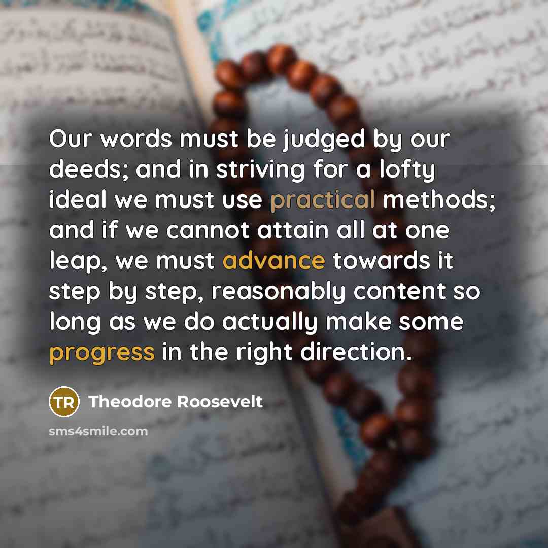 “Our words must be judged by our deeds; and in striving for a lofty ideal we must use practical methods; and if we cannot attain all at one leap, we must advance towards it step by step, reasonably content so long as we do actually make some progress in the right direction.” quote by Theodore Roosevelt