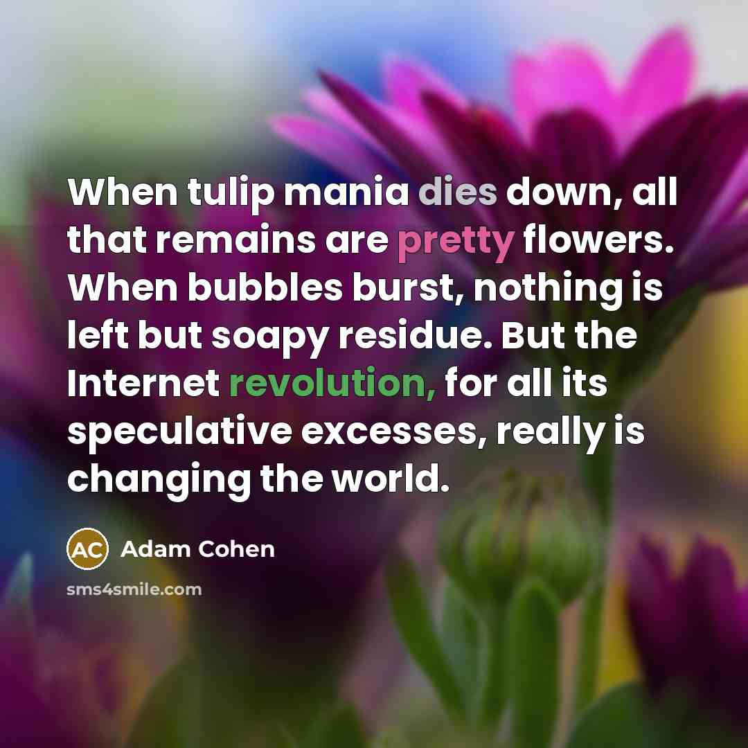 “When tulip mania dies down, all that remains are pretty flowers. When bubbles burst, nothing is left but soapy residue. But the Internet revolution, for all its speculative excesses, really is changing the world.” quote by Adam Cohen