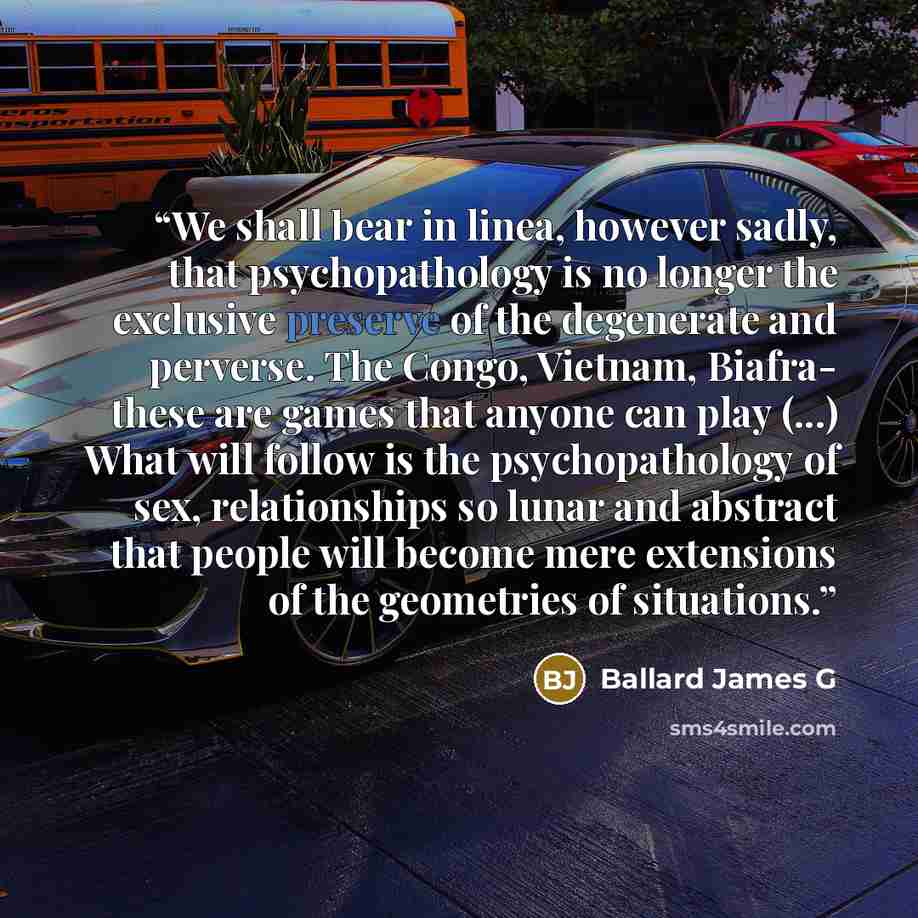 “We shall bear in linea, however sadly, that psychopathology is no longer the exclusive preserve of the degenerate and perverse. The Congo, Vietnam, Biafra- these are games that anyone can play (...) What will follow is the psychopathology of sex, relationships so lunar and abstract that people…” quote by Ballard James G