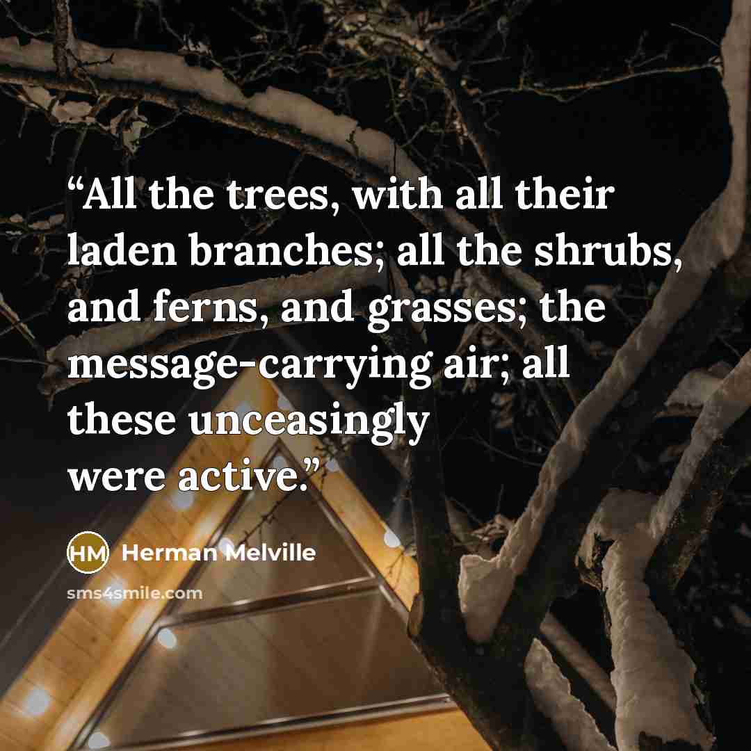 “All the trees, with all their laden branches; all the shrubs, and ferns, and grasses; the message-carrying air; all these unceasingly were active.” quote by Herman Melville