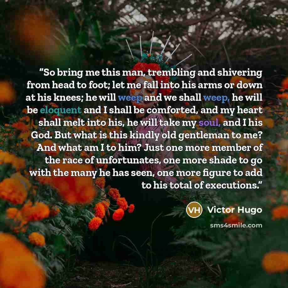 “So bring me this man, trembling and shivering from head to foot; let me fall into his arms or down at his knees; he will weep and we shall weep, he will be eloquent and I shall be comforted, and my heart shall melt into his, he will take my soul, and I his God. But what is this kindly old…” quote by Victor Hugo
