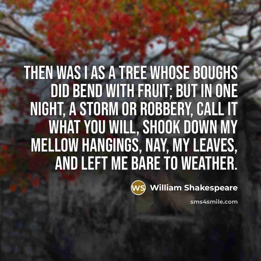 “Then was I as a tree whose boughs did bend with fruit; but in one night, a storm or robbery, call it what you will, shook down my mellow hangings, nay, my leaves, and left me bare to weather.” quote by William Shakespeare