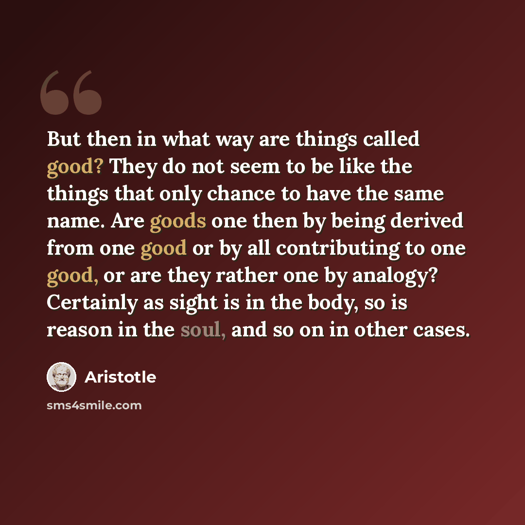 “But then in what way are things called good? They do not seem to be like the things that only chance to have the same name. Are goods one then by being derived from one good or by all contributing to one good, or are they rather one by analogy? Certainly as sight is in the body, so is reason in…” quote by Aristotle