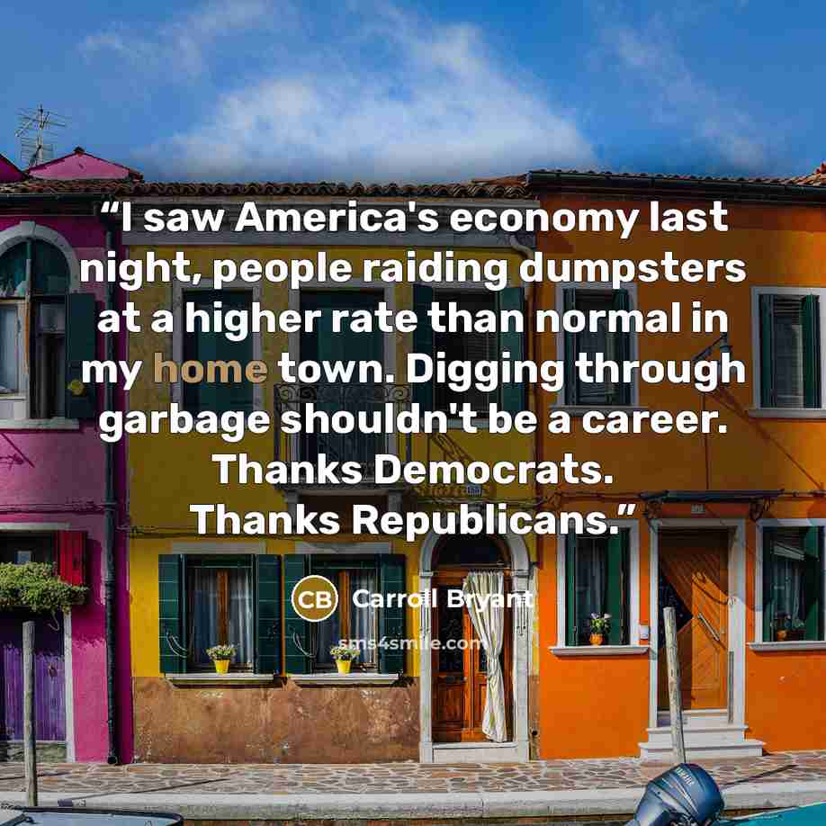 “I saw America's economy last night, people raiding dumpsters at a higher rate than normal in my home town. Digging through garbage shouldn't be a career. Thanks Democrats. Thanks Republicans.” quote by Carroll Bryant