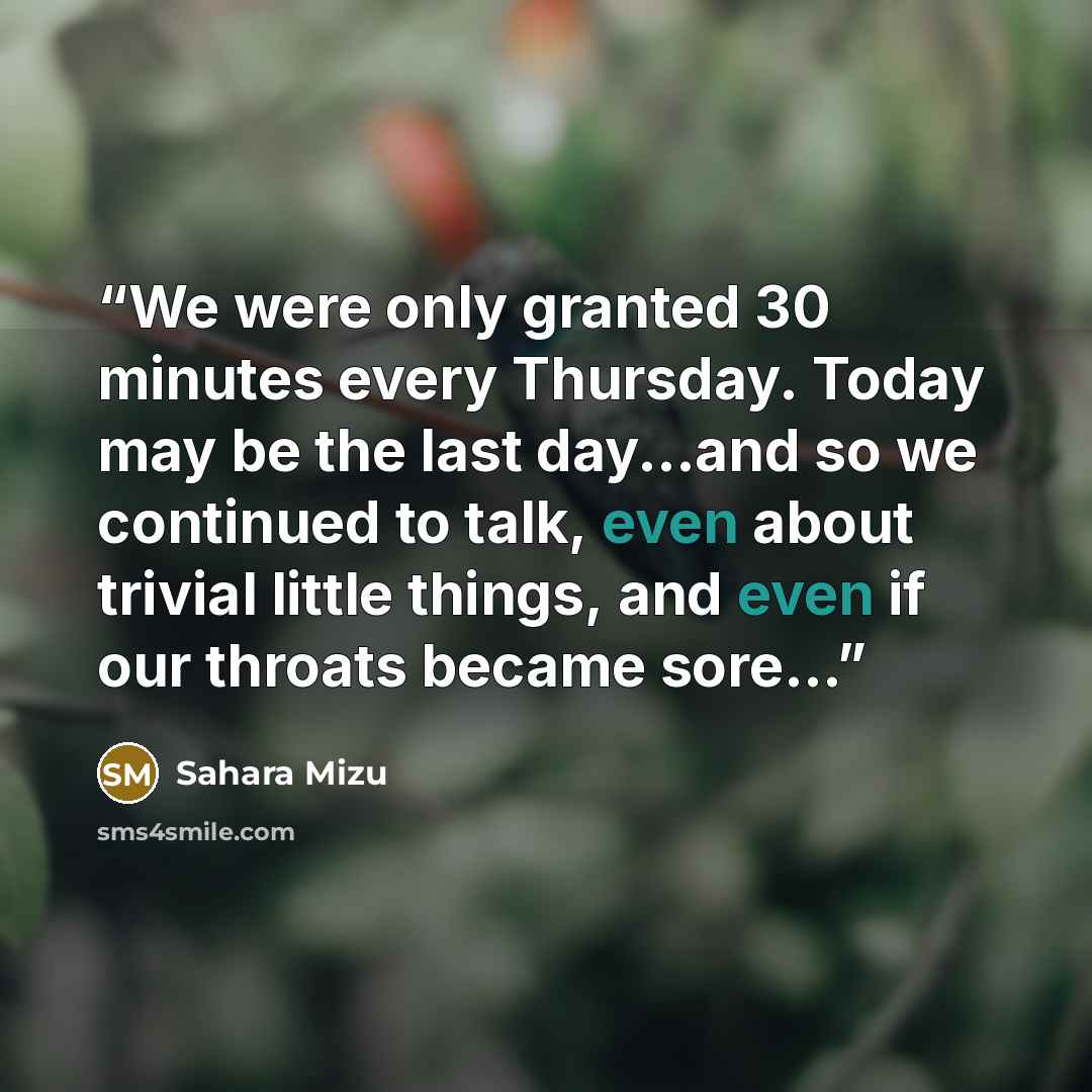“We were only granted 30 minutes every Thursday. Today may be the last day...and so we continued to talk, even about trivial little things, and even if our throats became sore...” quote by Sahara Mizu