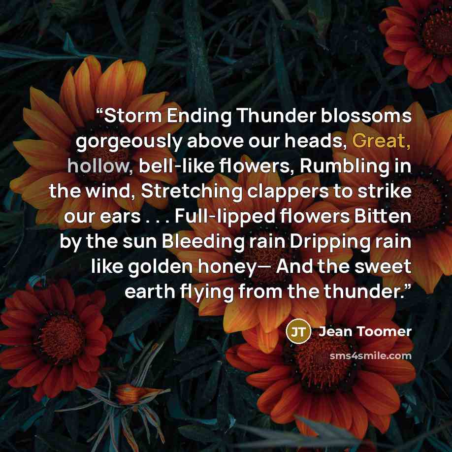“Storm Ending Thunder blossoms gorgeously above our heads, Great, hollow, bell-like flowers, Rumbling in the wind, Stretching clappers to strike our ears . . . Full-lipped flowers Bitten by the sun Bleeding rain Dripping rain like golden honey— And the sweet earth flying from the thunder.” quote by Jean Toomer