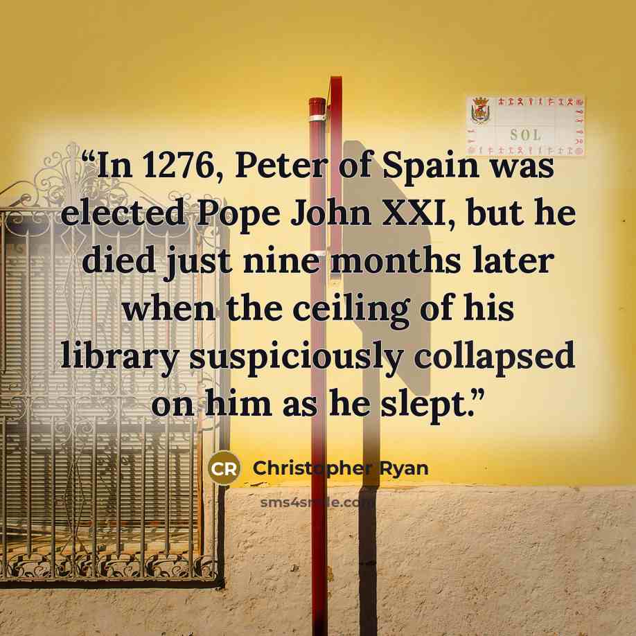 “In 1276, Peter of Spain was elected Pope John XXI, but he died just nine months later when the ceiling of his library suspiciously collapsed on him as he slept.” quote by Christopher Ryan