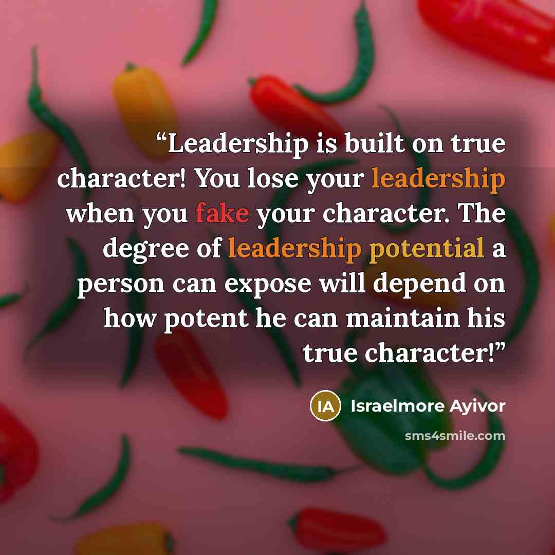 “Leadership is built on true character! You lose your leadership when you fake your character. The degree of leadership potential a person can expose will depend on how potent he can maintain his true character!” quote by Israelmore Ayivor